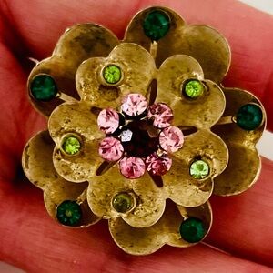 Vintage Rhinestone Flower Brooch Pink Green Gold Tone Floral Pin